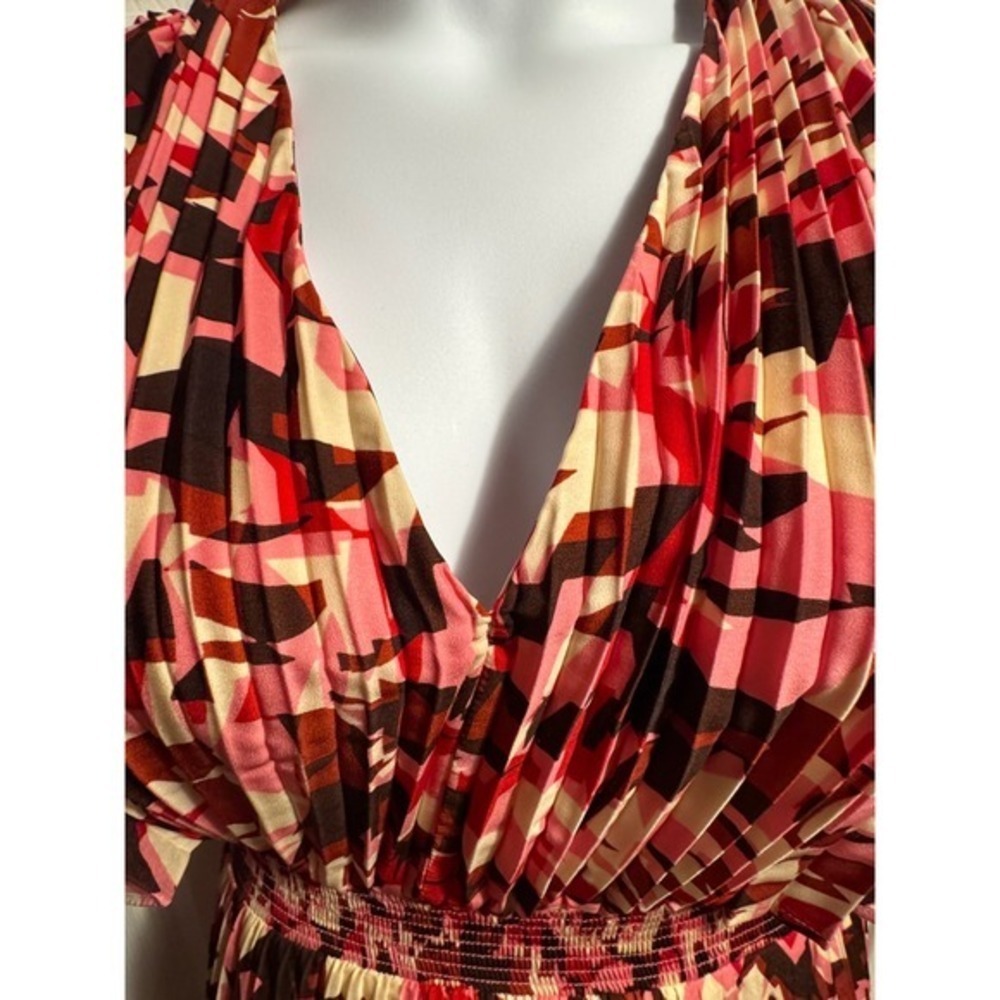 Preppy Academia Pleated A-line Midi Dress Smocked Maximalist Flutter Sleeve - Picture 5 of 15